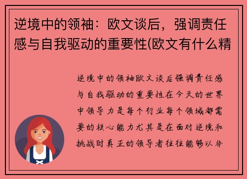 逆境中的领袖：欧文谈后，强调责任感与自我驱动的重要性(欧文有什么精神)