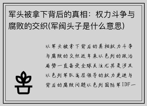 军头被拿下背后的真相：权力斗争与腐败的交织(军阀头子是什么意思)